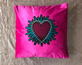Sacred heart cushion, valentine gift funky, sacrado corazon cushion cover, heart gift, sequin sacred heart cushion, christmas gift for her,