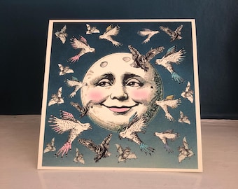 Moon card, birthday card weird, moon birthday card, moon face, moon birthday card uk, man in the moon, moon illustration, celestial card