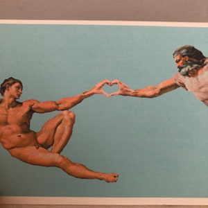 Humour religieux, carte d'art drôle, histoire de l'art, carte d'amour drôle pour la Saint-Valentin, image modifiée, création d'Adam par Michel-Ange, amateur d'art