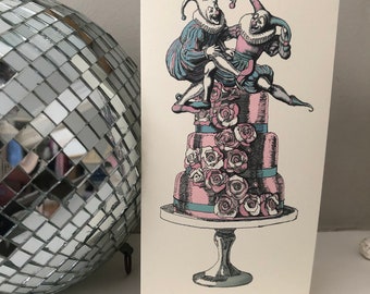 Circus clown birthday card, any occasion  card, clown birthday card, vintage style circus card, unusual cake card, birthday wedding cake art
