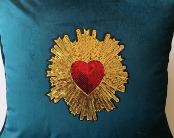 Religious gift, love gift uk, sacred heart  cover, kitsch religious sequin cushion, heart home decor, funky cushion, sacred heart decor