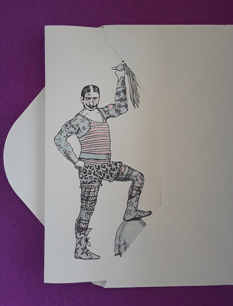 Carte d'anniversaire de cirque, homme fort de cirque, carte de monstre de cirque, illustration d'homme fort, homme fort tatoué, spectacle de monstres, carte étrange image 5