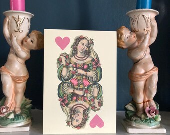 Queen of hearts valentine card, vintage style playing cards, weird birthday card, alice in wonderland, unique love card, romantic tarot card
