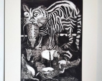 Cat print, dark gothic etching, dark gothic art, macabre art, black and white cat print, dark art, black and white print, rat art print