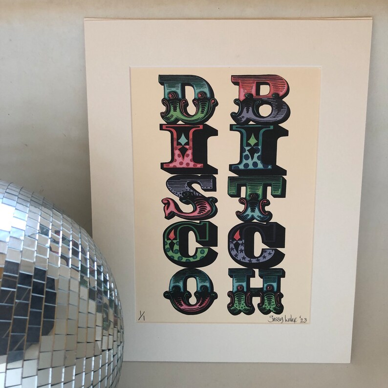 Disco bitch print, circus sign, adult print, urban art, disco dancers, gallery wall, music poster wall art, trendy dancer gifts, disco decor image 8