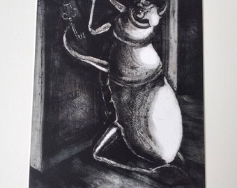 Kafka etching print, franz kafka metamorphosis, surreal metamorphosis etching, gothic art, dark surreal etching, dark art, black and white