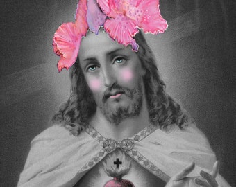 Religious humour, Jesus sacred heart, modern religious icon, religious kitsch, altered art, modern religious, religious card funny, jesus