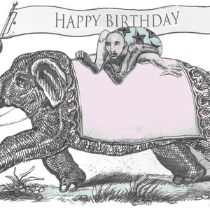 Elephant birthday card, circus birthday card, vintage circus card, unusual elephant illustration, elephant card, circus freaks