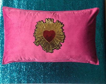 Sequin sacred heart cushion cover, pink kitsch religious sequin cushion, religious gift, fun home decor, funky cushion, sacred heart decor
