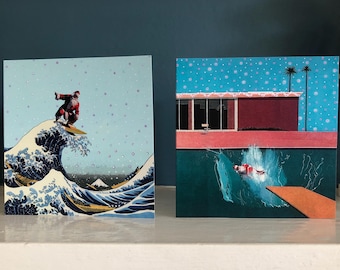Funny xmas cards, fine art cards, altered art christmas cards, the bigger splash, famous painting, Hokusai, the great wave off Kanagawa