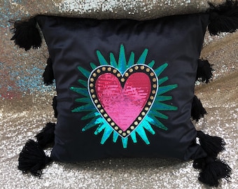 Sacred heart cushion, valentine gift funky, sacrado corazon cushion cover, heart gift, sequin sacred heart cushion, christmas gift for her,