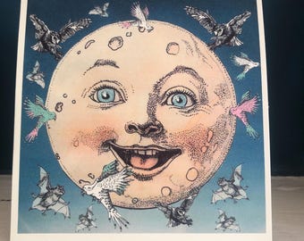 Moon card, birthday card weird, moon birthday card, moon face, moon birthday card uk, man in the moon, moon illustration, celestial card