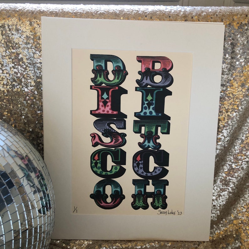 Disco bitch print, circus sign, adult print, urban art, disco dancers, gallery wall, music poster wall art, trendy dancer gifts, disco decor image 4