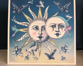 Moon card, birthday card weird, moon birthday card, moon face, sun birthday card uk, man in the moon, moon sun illustration, celestial card