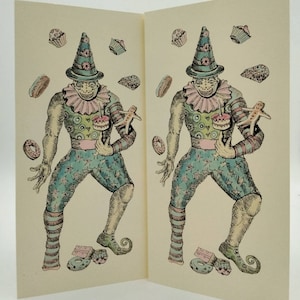 carte d'anniversaire de clown, carte de bouffon jongleur, carte de joyeux anniversaire, clown avec des gâteaux, clown effrayant, carte gothique, illustration de clown, carte de cirque