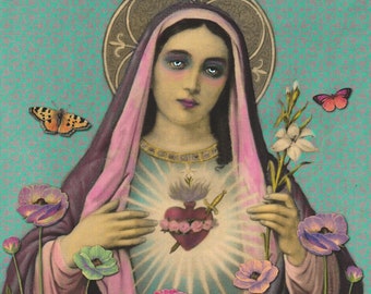 May include: A painting of a woman in a pink and purple robe with a crown of thorns and a bleeding heart on her chest. She is surrounded by flowers and butterflies.