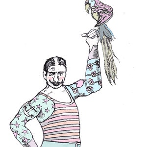 Carte d'anniversaire de cirque, homme fort de cirque, carte de monstre de cirque, illustration d'homme fort, homme fort tatoué, spectacle de monstres, carte étrange image 1