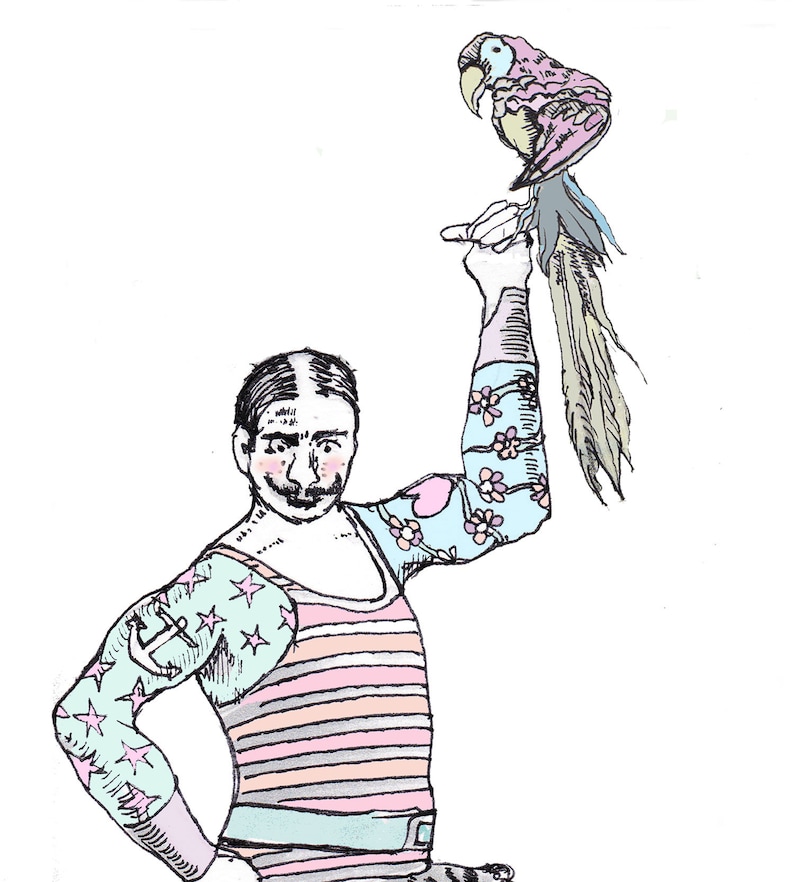 Carte d'anniversaire de cirque, homme fort de cirque, carte de monstre de cirque, illustration d'homme fort, homme fort tatoué, spectacle de monstres, carte étrange image 1