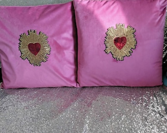 Heart home decor, pink sacred heart cushion, funky religious cushion cover, sequinned sacred heart on hot pink cushion, religious kitsch art