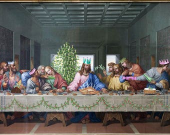The last supper christmas cards, christmas 2024 cards, Da Vinci cards, funny fine art cards, religious humour, altered art, funny Xmas card,