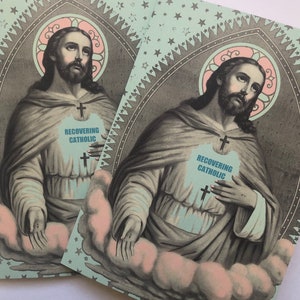 Humour religieux, coeur sacré de Jésus, icône religieuse moderne, kitsch religieux, art altéré, catholique en rétablissement, carte religieuse amusante, jésus