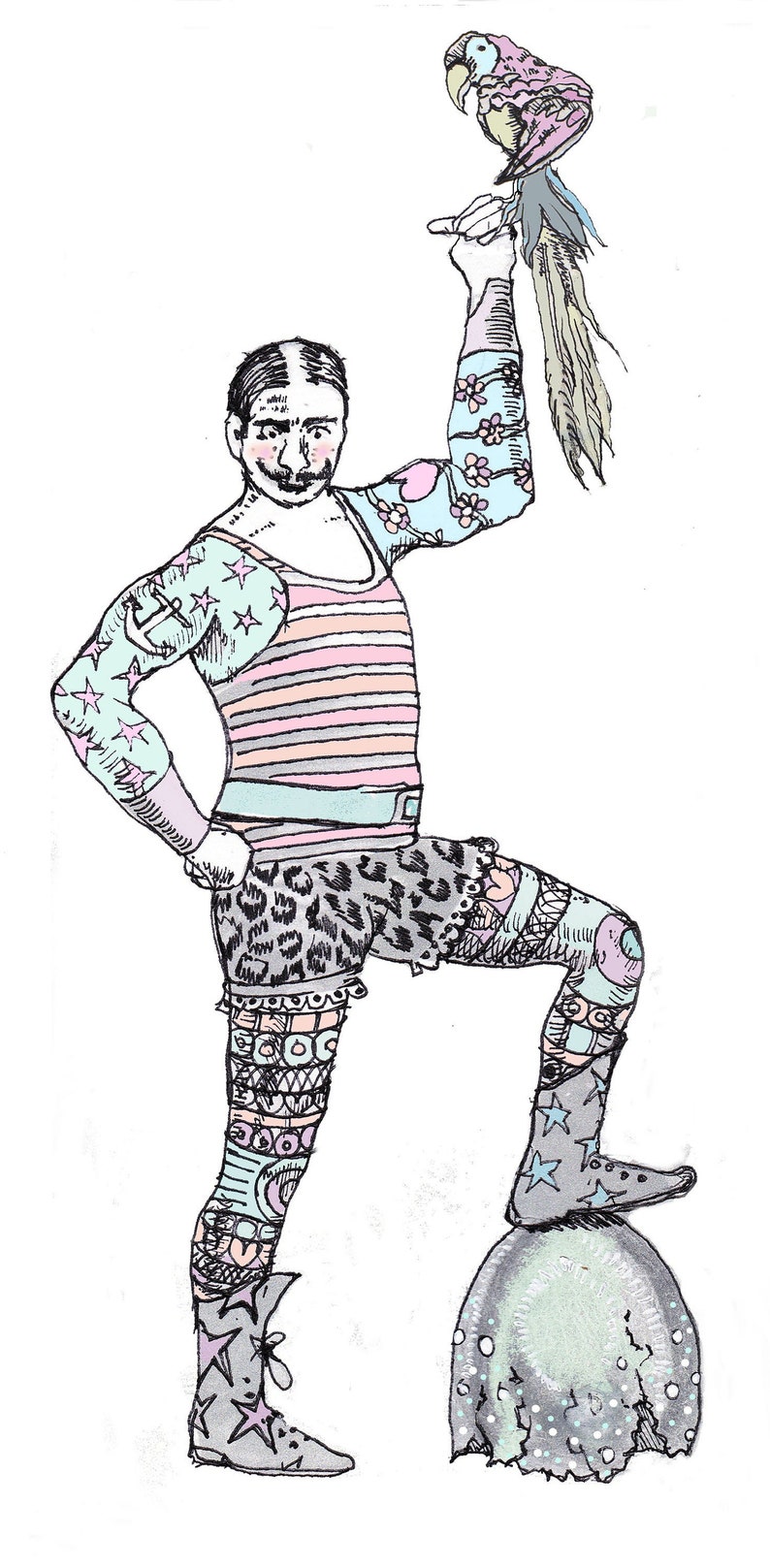 Carte d'anniversaire de cirque, homme fort de cirque, carte de monstre de cirque, illustration d'homme fort, homme fort tatoué, spectacle de monstres, carte étrange image 3