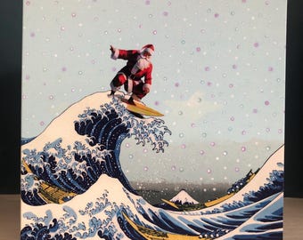Funny xmas card, fine art card, altered art christmas cards, humorous xmas card, famous painting, Hokusai, the great wave off Kanagawa, wave