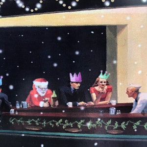 Cartes de Noël amusantes, cartes d'art, cartes de Noël artistiques modifiées, cartes de Noël humoristiques, tableau célèbre, Edward Hopper, Nighthawks, art célèbre