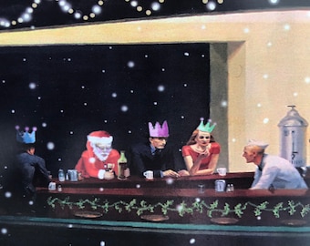 Cartes de Noël amusantes, cartes d'art, cartes de Noël artistiques modifiées, cartes de Noël humoristiques, tableau célèbre, Edward Hopper, Nighthawks, art célèbre