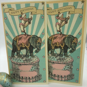 Carte d'anniversaire cirque, carte d'anniversaire éléphant, carte d'anniversaire clown, carte cirque de style vintage, carte cirque insolite, carte éléphant, art rétro