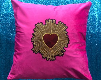 Sacred heart cushion, valentine gift funky, sacrado corazon cushion cover, heart gift, sequin sacred heart cushion, christmas gift for her,