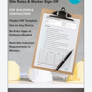 Peut inclure: Un presse-papiers avec un formulaire d'induction de chantier UK pour les constructeurs et les entrepreneurs. Le formulaire comprend des règles de site et une section de signature des travailleurs. Le texte comprend "Modèle PDF remplissable". Un stylo est posé sur le formulaire.