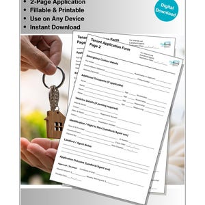 May include: A tenant application form UK template with a digital download option. The form is fillable, printable, and designed for use on any device. The image also shows a house key chain.