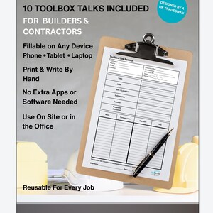 May include: A clipboard with a Toolbox Talk Record form, a pen, and text that reads "TOOLBOX TALK PACK - UK" and "10 TOOLBOX TALKS INCLUDED FOR BUILDERS & CONTRACTORS". The form is fillable on any device and reusable for every job.