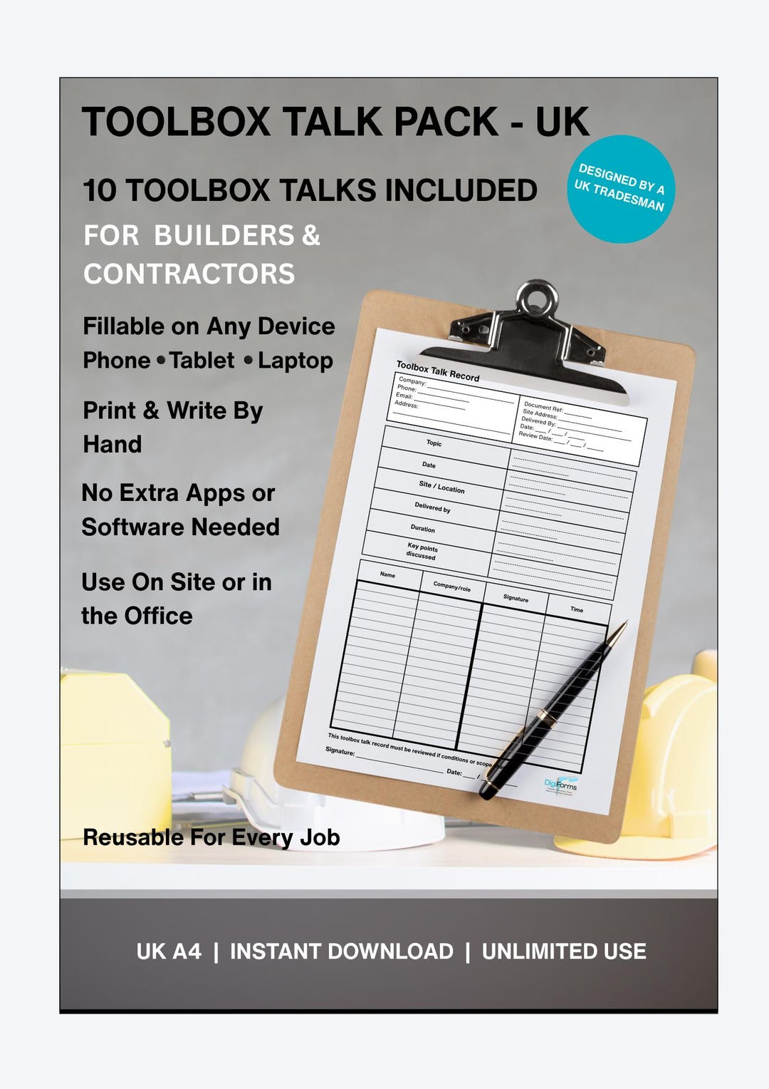 Talk Pack UK Construction Safety | Toolbox Talk Pack, Fillable PDF (A4 Instant ...