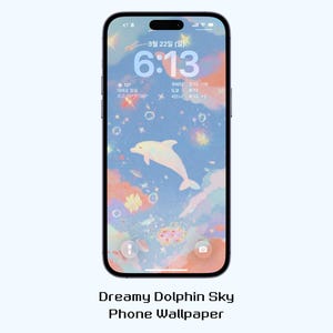 Papel de parede para celular com golfinhos em um céu onírico, fundo para celular com nuvens em tons pastel e galáxias, tela de bloqueio espacial fantástica.