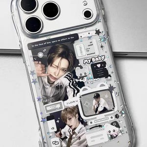 May include: Clear phone case with a decorative design featuring photos, text, and star-shaped glitter. The case includes the text "In the face of love, spare no effort to like," "My Baby," "Stardust," and "MOMONEKO."