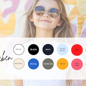 Op de afbeelding: Een persoon met een goudkleurige zonnebril. De afbeelding toont een kleurenpalet met het Duitse woord "Farben" en kleurstalen met de labels: wit, zwart, marine, lichtblauw, rood, azalea, natuurlijk, koninklijk, houtskool, goud, felroze en sportgrijs.