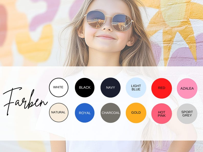 Op de afbeelding: Een persoon met een goudkleurige zonnebril. De afbeelding toont een kleurenpalet met het Duitse woord "Farben" en kleurstalen met de labels: wit, zwart, marine, lichtblauw, rood, azalea, natuurlijk, koninklijk, houtskool, goud, felroze en sportgrijs.
