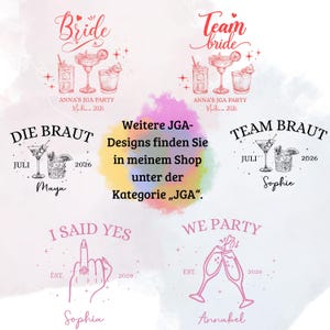 Puede incluir: Una colecci&oacute;n de dise&ntilde;os gr&aacute;ficos en rosa y negro para una despedida de soltera. Los dise&ntilde;os incluyen textos como "Bride", "Team Bride", "I Said Yes" y "We Party", junto con ilustraciones de c&oacute;cteles y copas de champ&aacute;n.