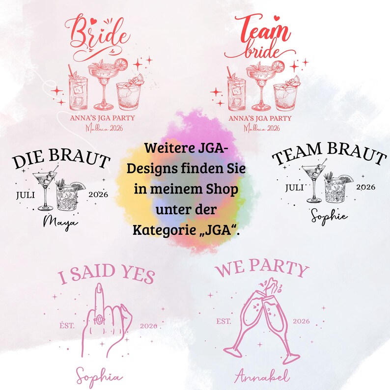Puede incluir: Una colecci&oacute;n de dise&ntilde;os gr&aacute;ficos en rosa y negro para una despedida de soltera. Los dise&ntilde;os incluyen textos como "Bride", "Team Bride", "I Said Yes" y "We Party", junto con ilustraciones de c&oacute;cteles y copas de champ&aacute;n.