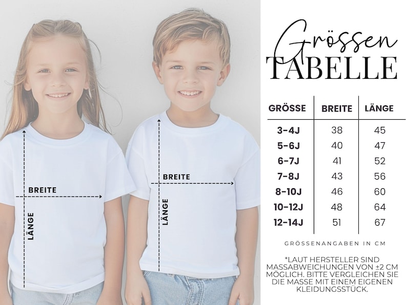 Pode incluir: Duas crian&ccedil;as vestindo camisetas brancas, com medidas 'BREITE' e 'L&Auml;NGE'. Uma tabela de tamanhos em alem&atilde;o lista tamanhos, larguras (38-51 cm) e comprimentos (45-67 cm) para roupas infantis. O texto 'Gr&ouml;ssen TABELLE' est&aacute; no topo.
