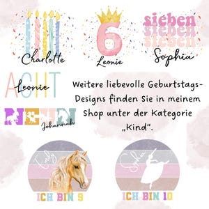 Op de afbeelding: Een verzameling verjaardagsontwerpen. De ontwerpen bevatten namen als Charlotte, Leonie en Sophia, samen met cijfers en illustraties. De tekst "ICH BIN 9" en "ICH BIN 10" is ook aanwezig.