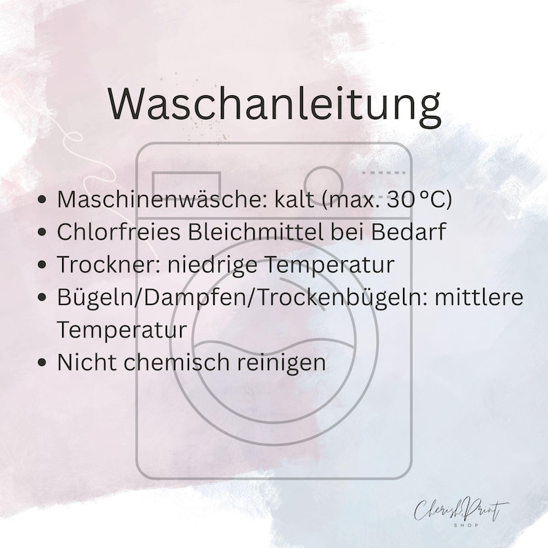 Op de afbeelding: Een lichtroze en witte afbeelding met de Duitse tekst "Waschanleitung" en wasvoorschriften. De instructies omvatten machinewas koud, gebruik chloorvrije bleek indien nodig, droogtrommel lage temperatuur, strijken op middentemperatuur en niet chemisch reinigen.