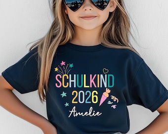 Geschenk Schulanfang 2026, Camiseta personalizada para Schulkinder mit Namen, Einschulung, erster Schultag, Schulanfang Shirt für Mädchen