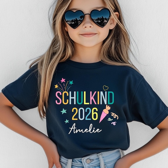 Geschenk Schulanfang 2026, Personalisierbares T-Shirt für Schulkinder mit Namen, Einschulung, erster Schultag, Schulanfang Shirt für Mädchen