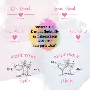 Puede incluir: Un dise&ntilde;o gr&aacute;fico con texto en rosa y negro, con frases como "Bride to Be" y "Bride Crew", nombres y el a&ntilde;o 2026. El dise&ntilde;o incluye ilustraciones de copas de c&oacute;ctel y corazones.