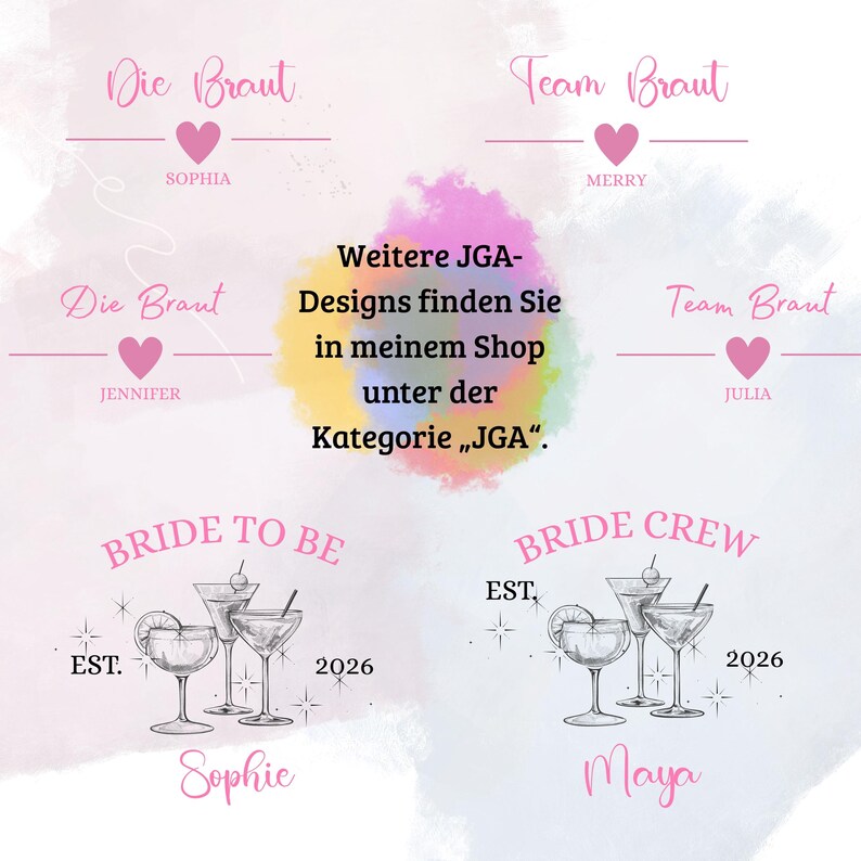 Puede incluir: Un dise&ntilde;o gr&aacute;fico con texto en rosa y negro, con frases como "Bride to Be" y "Bride Crew", nombres y el a&ntilde;o 2026. El dise&ntilde;o incluye ilustraciones de copas de c&oacute;ctel y corazones.