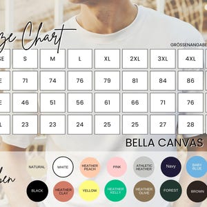 May include: A size chart for Bella Canvas 3001 t-shirts, with measurements in centimetres. The chart includes sizes S to 5XL, with length, width, and sleeve measurements. A colour palette is displayed, including natural, white, black, and other colours.