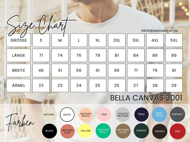 May include: A size chart for Bella Canvas 3001 t-shirts, with measurements in centimetres. The chart includes sizes S to 5XL, with length, width, and sleeve measurements. A colour palette is displayed, including natural, white, black, and other colours.